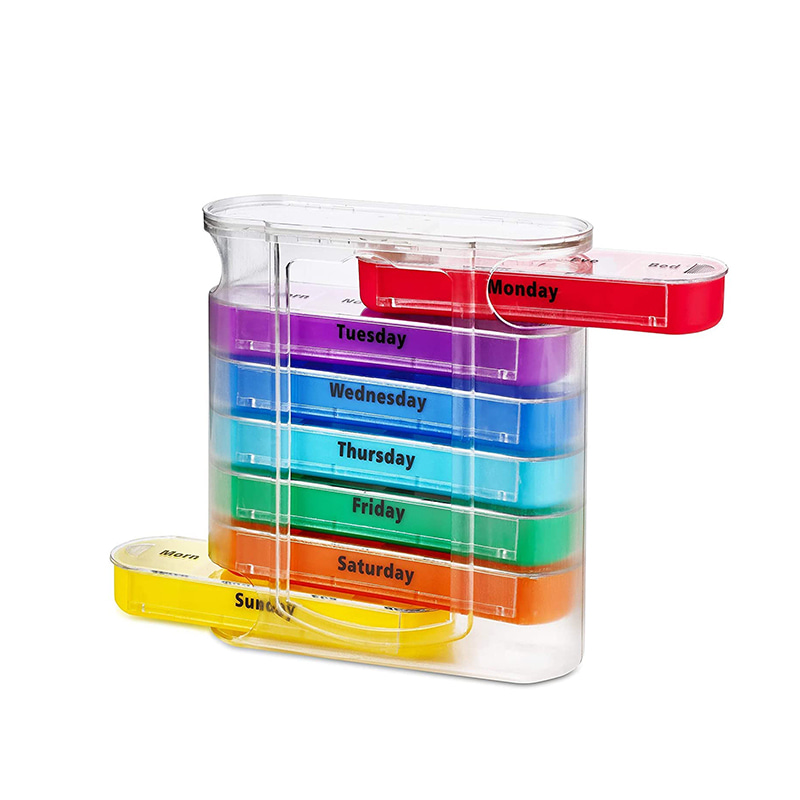 Colorful Weekly Four Times a Day Pill Dispenser with Stackable Compartments 